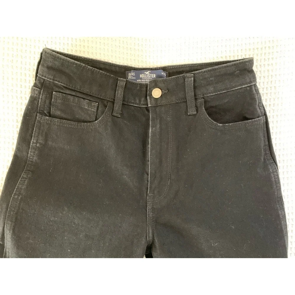 Hollister Ultra High-Rise‎ Mom Jeans Sz 27S Dark Wash Raw Hem Denim Black 5s/4s